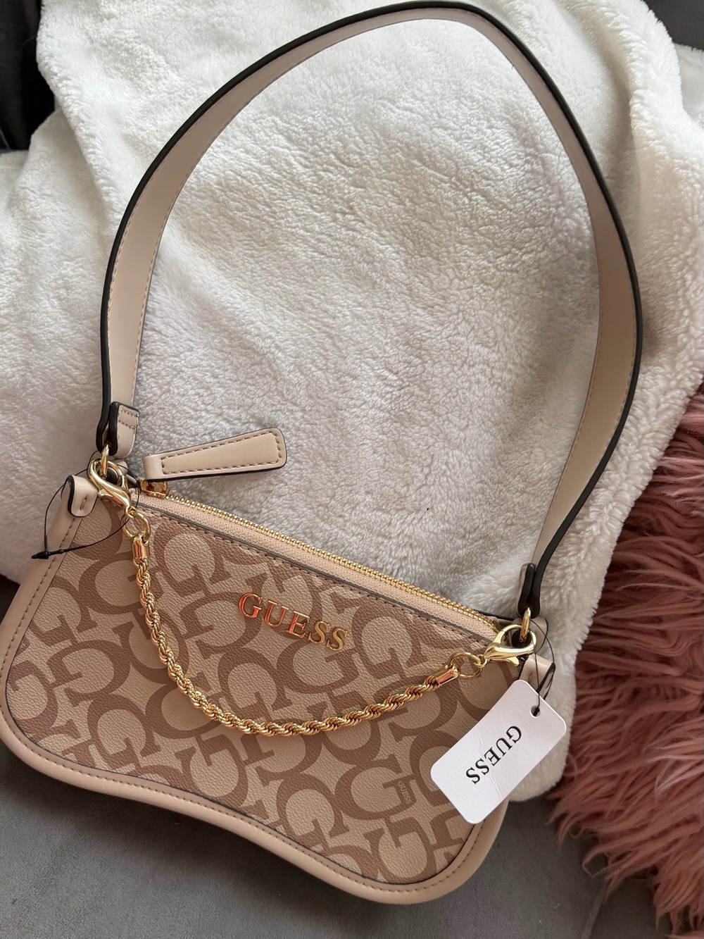 GUESS Beige Monogram Shoulder Bag with Gold Chain